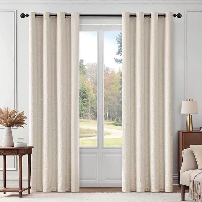 Metro Parlor Beige Floral Blackout Curtains 63 Inch Length for Bedroom, Jacquard Chenille Patterned Vintage Flower Curtains for Living Room Darkening Thermal Insulated Grommet Window Drapes, 2 Panels