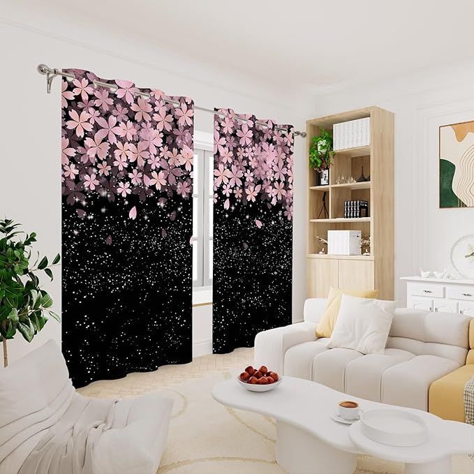 Renaiss Pink Cherry Patels Blackout Curtains, Japanese Cherry Flowers Thermal Insulated Bedroom Window Curtains, Black Floral Bossom Window Drapes for Living Room, 63" L x 53" W 2 Panel Set