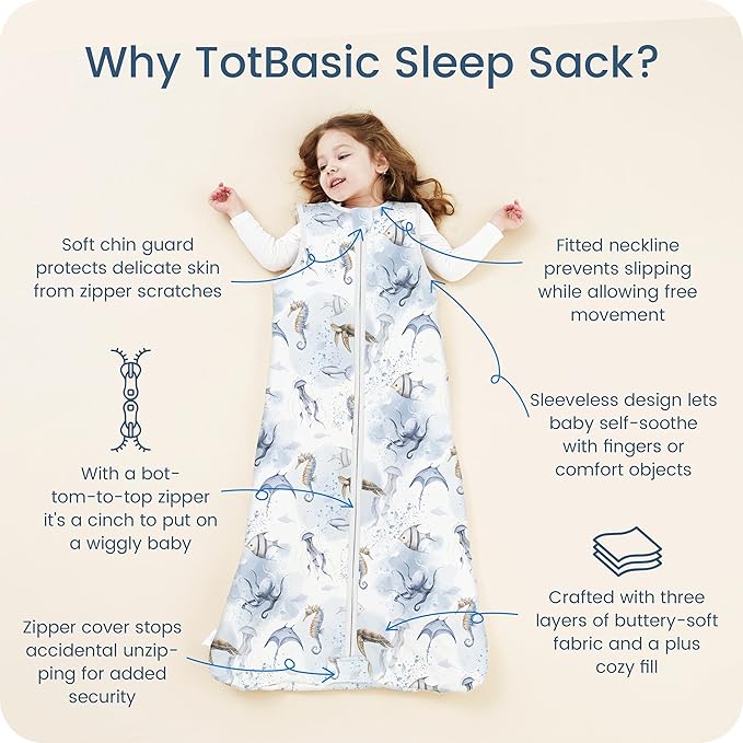 TOTBASIC 1.0 TOG Sleep Sack 6-12-15 Months, Baby Sleep Sack with Sleeveless, Cozy Premium Baby Wearable Blanket with 2-way Safe Zipper All Season Sleeping Bags, 1-pack