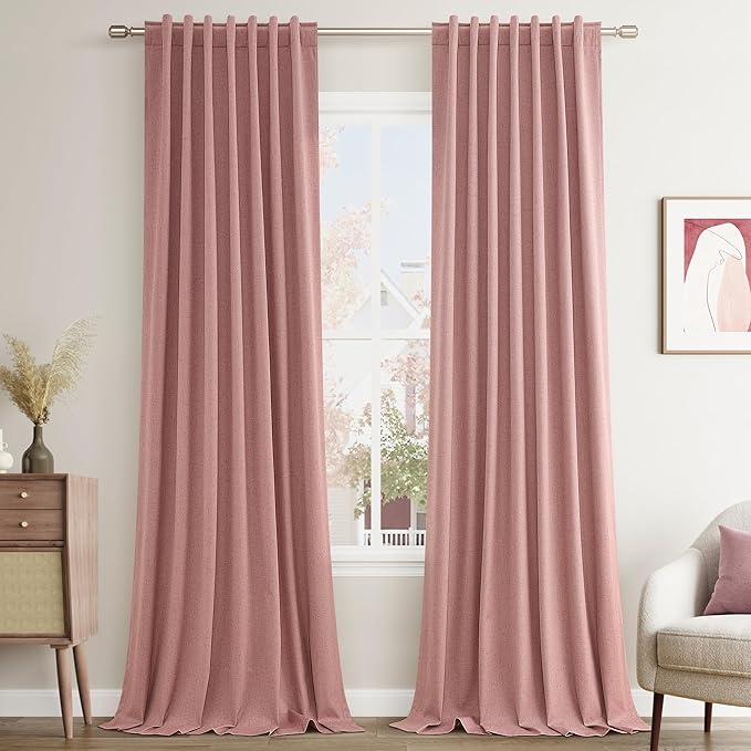 Guken 100% Blackout Curtains 108 Inch Length 2 Panels Set for Living Room Bedroom Back Tab Thermal Insulated Black Out Linen Drapes Room Darkening Window Curtains 108 Inches Long, Ash Rose