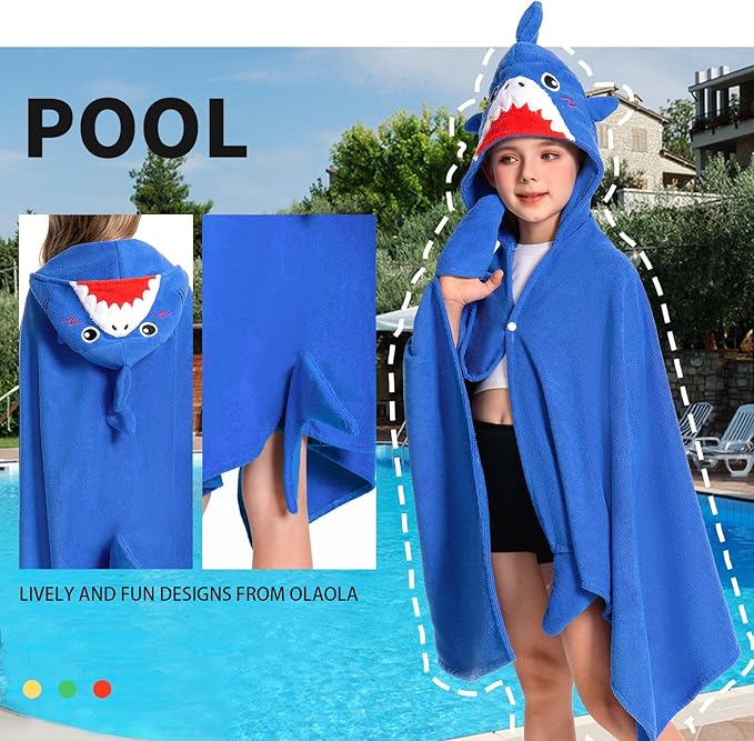 OLAOLA Shark Hooded Towel for Kids 3-12 Years, 28" x 53" Soft Thick Absorbent Beach Towels, Toddler Bath Towel Wrap, Swim Pool Towels Poncho for Boys Girls