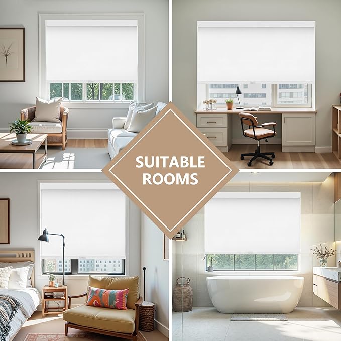 AOSKY Linen Roller Blinds Shades for Indoor Windows Pull Down Cordless Blackout Black Out Window Shade 37 Inch Blinds for Home White