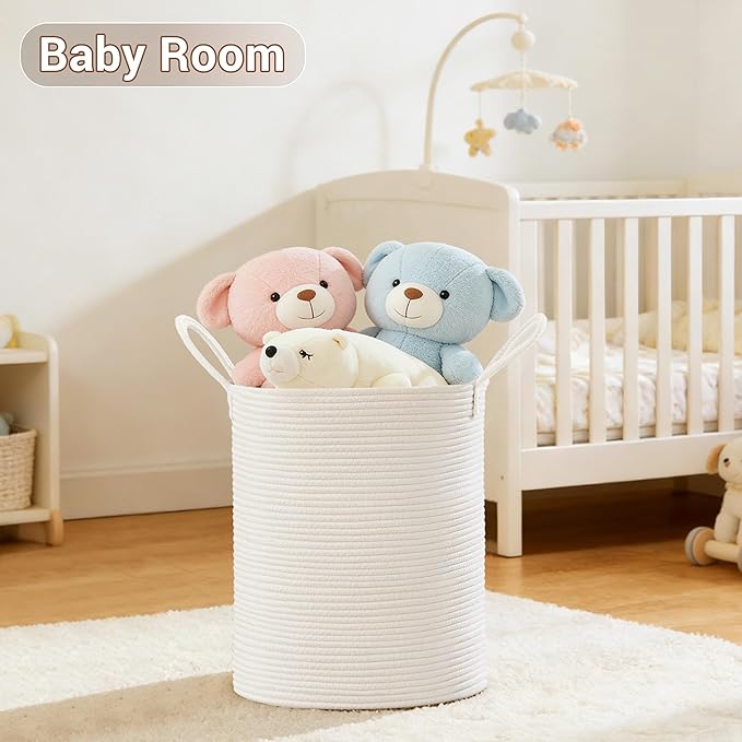 Tall Laundry Basket with Handles, 53L Portable Dirty Clothes Hamper, Boho Cotton Rope Storage Bin for Blankets Kids Toys Gifts, Decorative Organizer for Baby Nursery Bedroom Bathroom, White