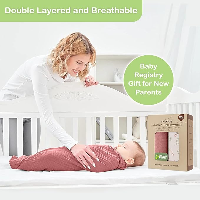100% Organic Cotton Muslin Baby Blanket - 47x47 Inch Breathable Swaddle, Hypoallergenic Double-Layer, Versatile Use (Pink Floral, 47x47 Inch)