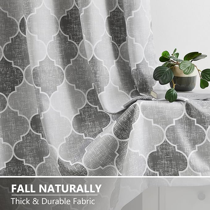 Grey 100% Blackout Curtains 95 Inches Long for Living Room Bedroom Moroccan Trellis Print Window Treatments Panels Room Darkening Thermal Insulate Privacy Grommet Drapes, 52x95, 2 Panels