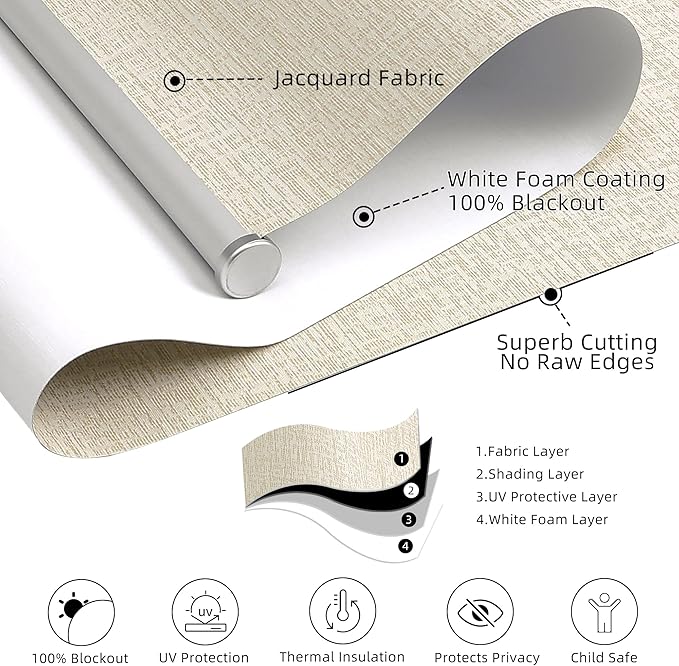 ChrisDowa Cordless 100% Blackout Roller Shade, with Striped Jacquard, Thermal Insulated, UV Protection Fabric, Total Blackout Blinds for Window, French Doors, Home and Office. Beige, 27" W x 72" H