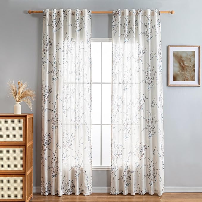 MYSKY HOME Sheer Curtains 84 inches Long 2 Panels for Living Room Window Farmhouse Flax Linen Curtains & Drapes with Light Filtering Privacy Added Floral Printed Classical for Home Decor, Navy Blue