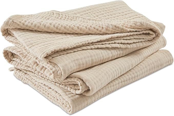 EMME Cotton Muslin Queen Blanket Bed Layering Bedspread Coverlet Breathable Gauze Soft Lightweight Blankets (Beige, 90"x90")