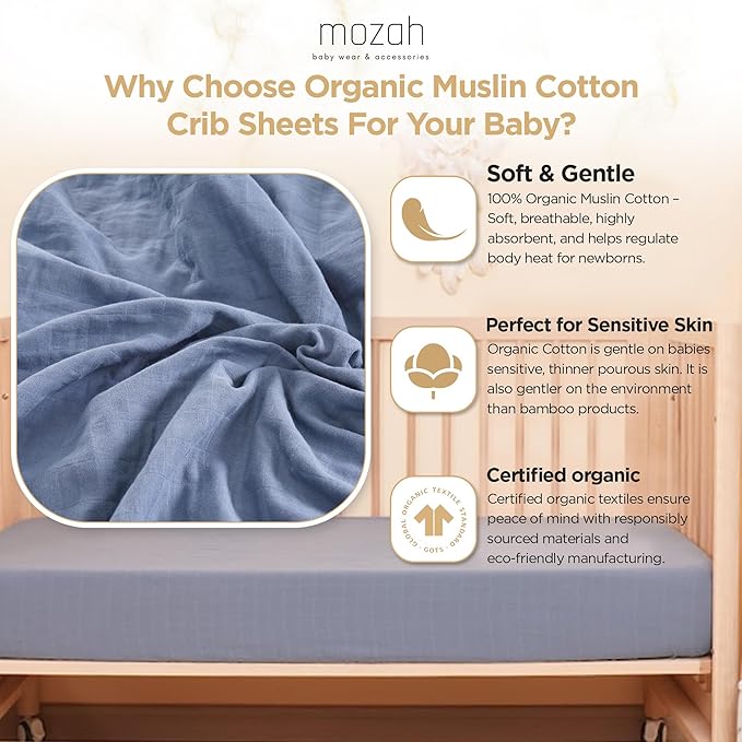 MOZAH Organic Muslin Crib Sheets, Soft and Breathable Bedding for Baby Girls or Boys, Snug Fitted Sheet for Standard Cribs & Toddler Mattresses, 2 Pack, Blue