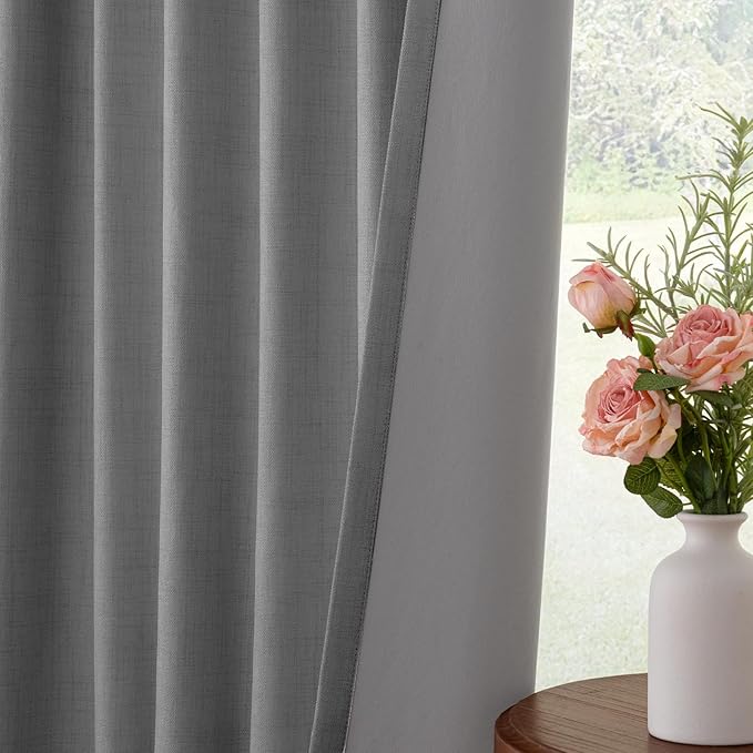 INOVADAY 100% Blackout Curtains for Bedroom, Black Out Curtains 90 Inch Long, Clip Rings Linen Blackout Drapes, Thermal Insulated Room Darkening for Living Room, 2 Panels - Stoic Gray,W50xL90