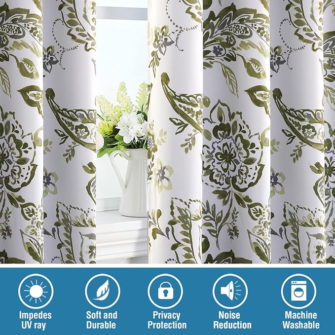 H.VERSAILTEX 100% Blackout Curtains for Bedroom Paisley Floral Printed Curtains 84 Inches Long Grommet Curtains & Drapes Thermal Curtains Window Treatments with Black Liner 2 Panels, Olive