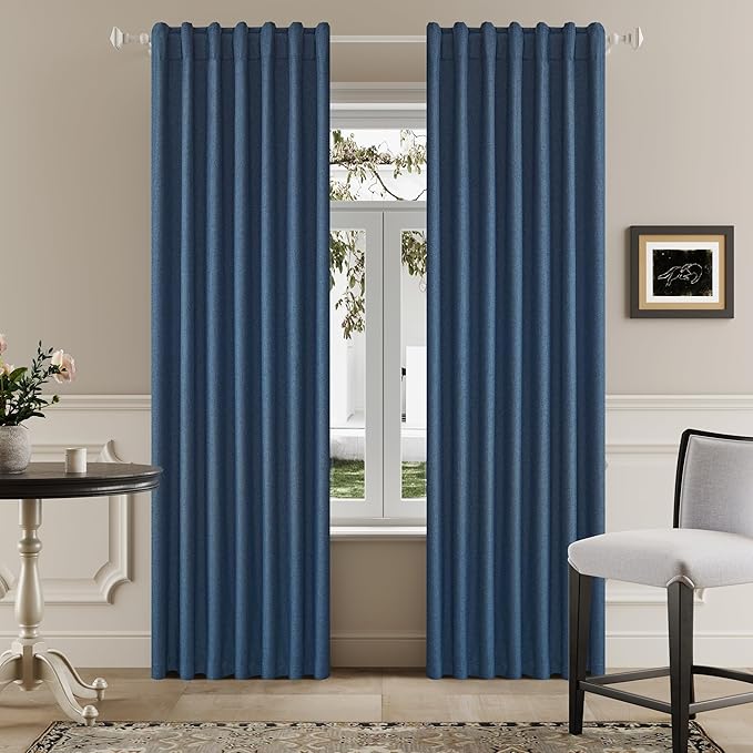 DUALIFE 100% Blackout Linen Blue Curtains 84 Inch for Living Room Darkening, Bedroom Linen Drapes 84 Inches Long Rod Pocket/Back Tab Heat Blocking Bohemian Pleated Window Curtain(50"x84"x2)