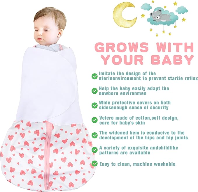 BSTOPPT Newborn Sleep Sack Baby Swaddle,3-6 Months,3-Way Adjustable Wearable Blanket,100% Rayon Cotton Swaddling Sleeping Bag，TOG 0.5（Heart&Floral）