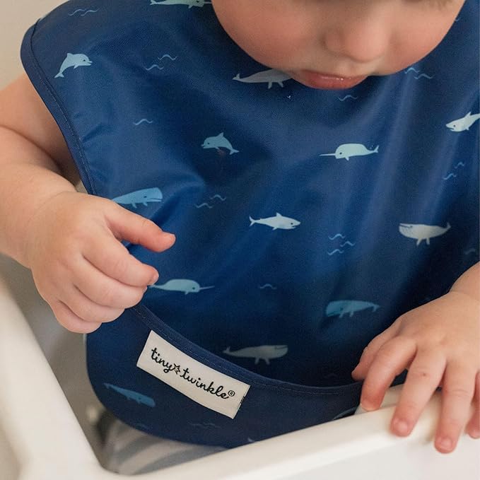 Tiny Twinkle Mess-Proof Baby Bibs for Eating | Waterproof, Wipeable Toddler Bibs with Catch-All Pocket | Feeding Bibs for Girls & Boys(3 Pack,Sea, Dino)