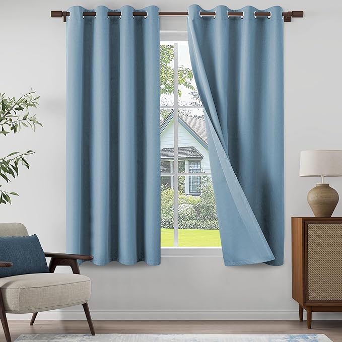 Light Blue 100% Blackout Linen Textured Curtains for Living Room, Bedroom, Light Weight Curtains with Grommets Top, Full Blackout Curtains Privacy Protection, Light Blue, 52" W x 72" L, 2 Panels