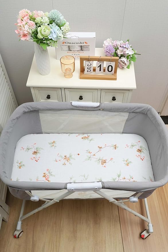 Onacosht Muslin Bassinet Sheets 3 Pack, 100% Cotton Baby Sheet 35" X 20" Compatiable with AMKE 3 in 1 Bassinets, MiClassic, Uiuwoo, Foalom, YADAQE, Milliard and TCBunny Bassinet, Green and Botanical