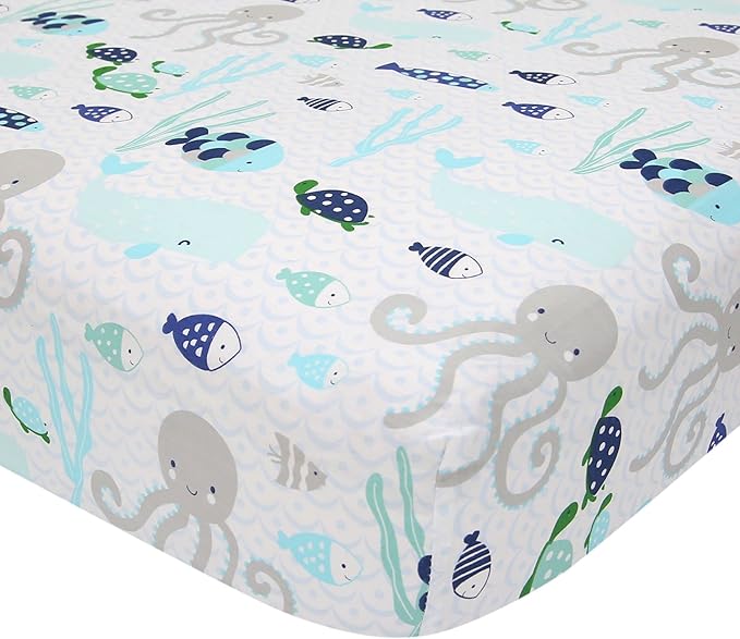 Lambs & Ivy Oceania 100% Cotton Fitted Crib Sheet - White with Blue Nautical/Aquatic Fish and Octopus