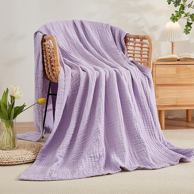 EMME Cotton Muslin King Blanket Big Oversized Bed Layering Bedspread Coverlet Breathable Gauze Soft Lightweight Blankets (Lavender, 120"x94")