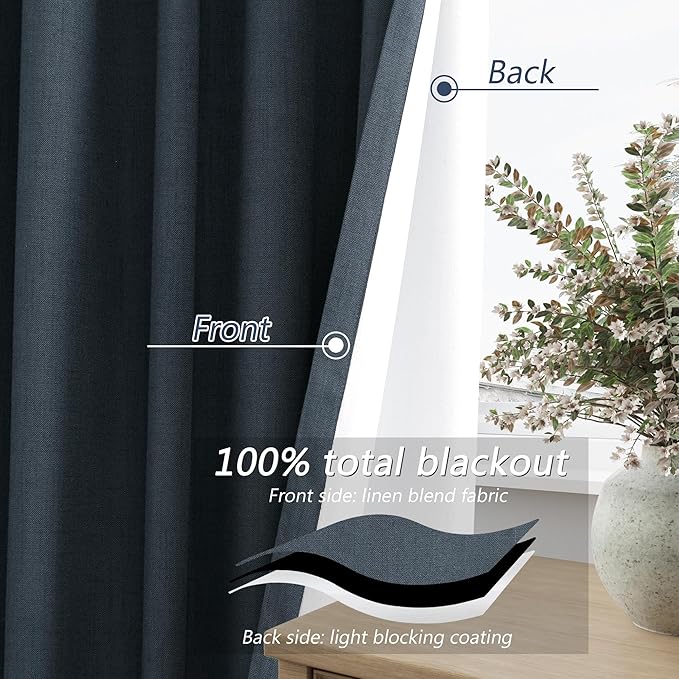 Guken 100% Blackout Linen Curtains 100 Inch Length 2 Panels Set for Living Room Bedroom Back Tab Thermal Insulated Black Out Linen Drapes Room Darkening Window Curtains,Vintage Blue