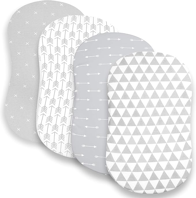 Bassinet Bed Sheets – Premium Bassinet Fitted Sheet for Halo, Mika Micky, Maxi Cosi & Others - 4 Pack 100% Jersey Knit - Bassinet Bedding for Standard Size Oval or Halo Bassinet Pads for Boys & Girls