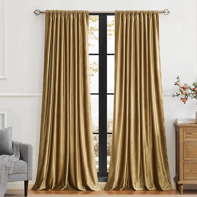 PRIMROSE Golden Velvet Curtains 108 inch Long for Living Room,Set of 2 Panels Blackout Rod Pocket Back Tab Window Treatment Room Darkening Heavy Decorative Curtains Drapes for Bedroom
