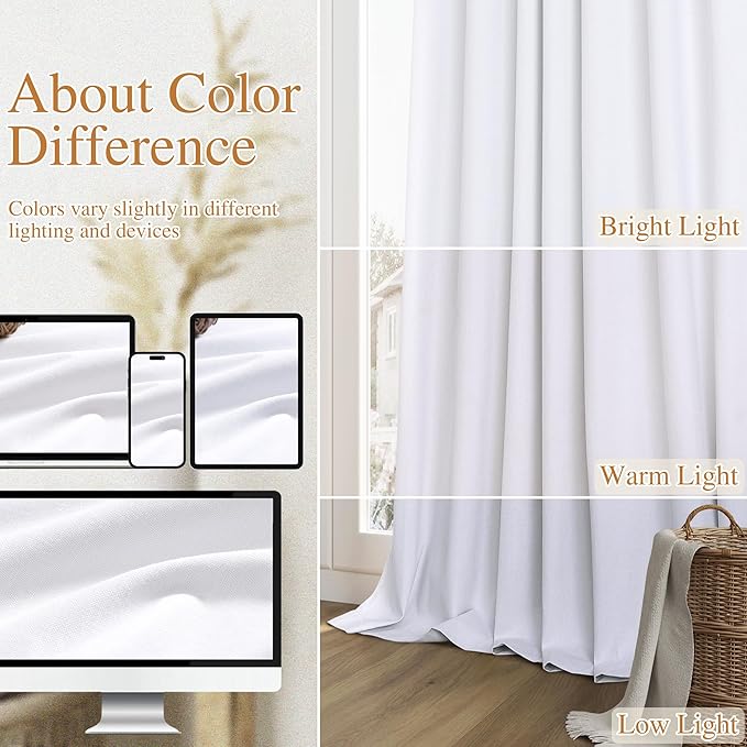 Guken White 100% Blackout Curtains 45 Inch Length 2 Panels Set for Living Room Bedroom Back Tab Thermal Insulated Black Out Linen Drapes Room Darkening Window Curtains