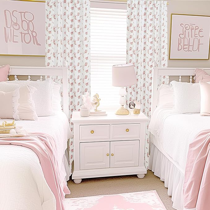 Pink Cute Floral Blackout Curtains for Nursery Girls Bedroom,Vintage Shabby Chic Light Pink White Green Boho Cottage Core Curtains for Kids Teen Coquette Room Decor 84 Inch Long 2 Panels