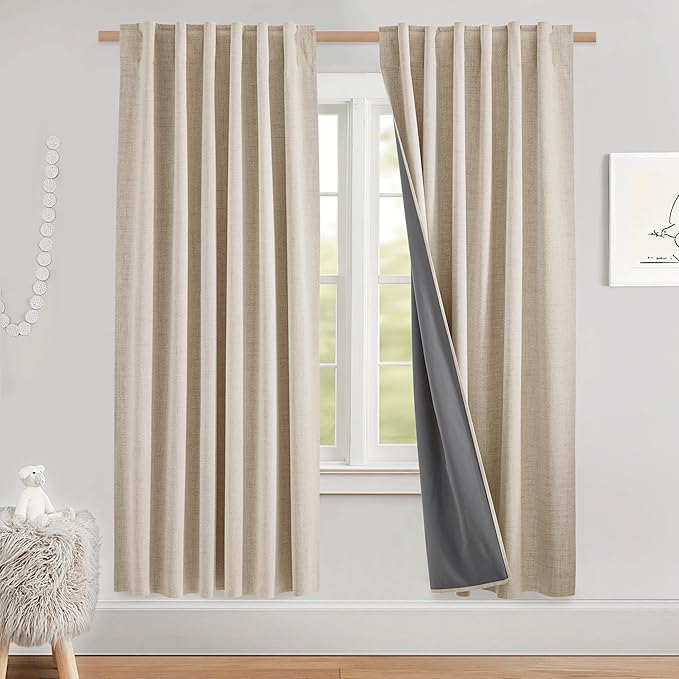 NICETOWN Cream Bedroom Full Blackout Linen Curtains, Thick Insulated Classic Rod Pocket Back Tab Blackout Draperies with White Thermal Insulated Liner for Nursery, Study (Set of 2, 52 by 72-inch)