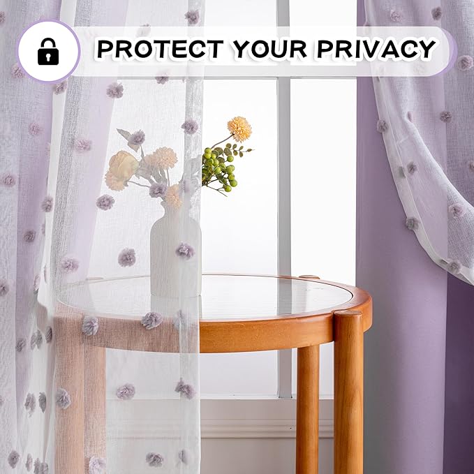 MYSKY HOME Lilac Pom Pom Sheer and Blackout Curtains for Kids Bedroom 84 Inches Long Nursery Curtains Girls Room Darkening Double Layer Window Drapes for Toddler Grommet,Lilac, 52 x 84 Inch,2 Pieces