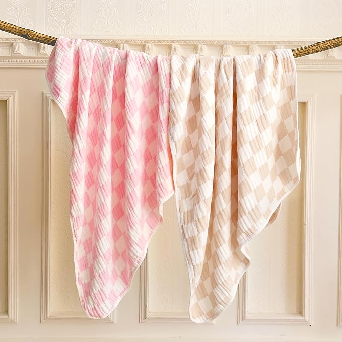 Ultra Soft Checkered Muslin Baby Blanket Pack of 2 Cotton Muslin Swaddles Blankets for Babies and Toddlers Girls Newborn 42 x 42 inches Cream and Pink