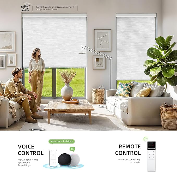 ZSTARR Motorized Blackout Window Blinds Customize Width(21-97 in) Remote Control Wireless and Rechargeable Roller Shades Blinds for Windows, Office,Home, Hotel, Club, Restaurant (Full Blackout White)
