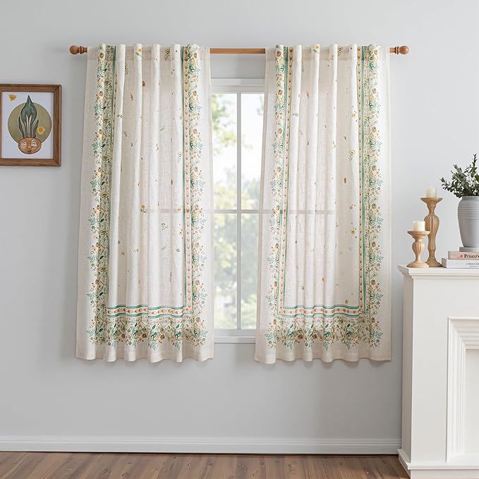 MYSKY HOME Boho Floral Curtains 72 inch for Living Room Semi Sheer Linen Look Bohemian Style Farmhouse Printed Curtains Light Filtering Privacy Back Tab Drapes, 50x84 Inch, Yellow and Blue, 2 Panels