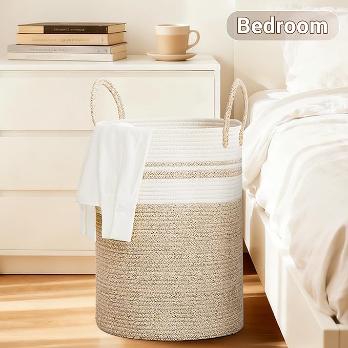 Tall Laundry Basket with Handles, 72L Portable Dirty Clothes Hamper, Boho Cotton Rope Storage Bin for Blankets Kids Toys Gifts, Large Organizer for Baby Nursery Bedroom Bathroom, New Brown