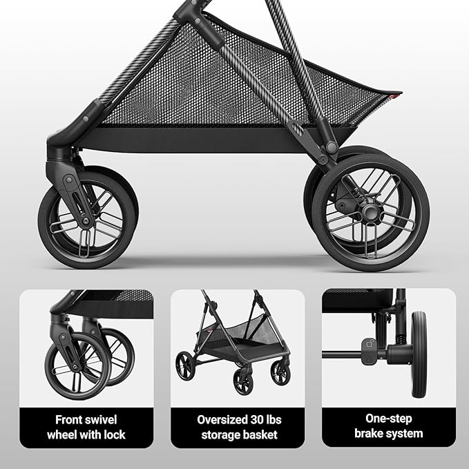 MAMAZING Air Lux Baby Stroller with Bassinet from Newborn to 50 lbs, Strength Carbon Fiber Frame Only 15.8lbs, Bassinet Stroller Included Reversible Seat, Car Seat Adapter & Large Storage Basket