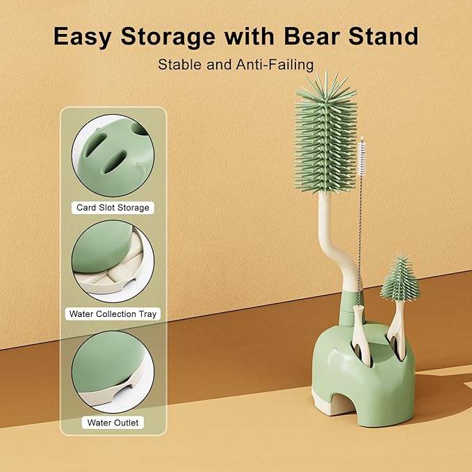 ePiiChua Silicone Bottle Brush Set with Stand, 360° Rotating Bottle Cleaning Brush Cleaner Set, Long Handle 3 in 1 Multipurpose Silicone Baby Bottle Straw Cleaner Brush (Green)