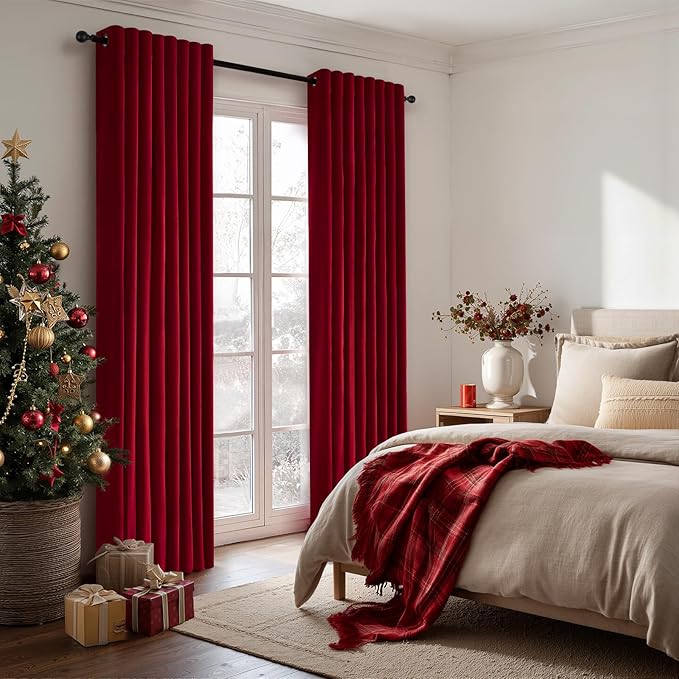 Topfinel Christmas Red Velvet Blackout Curtains 108 Inches Long for Living Room Large Window Winter Cold Blocking Noise Cancelling Heavy Tall Floor Length Grommet Drapes 2 Panels Holiday Decor