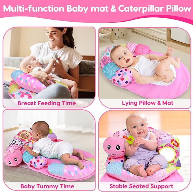 2 in 1 Baby Tummy Time Mat & Support Seated Pillow Infant Newborn Toys 0 1 2 3 4 5 6 Months Pink Caterpillar Sensory Developmental Playmat 0-6 3-6 12 Month Mirror Babies Girls Shower Valentines Gifts
