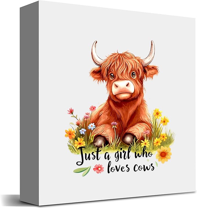 Highland Cow Decor Wooden Box Sign Decorative, Home Room Desk Decorations For Teens Teenage Girls Age 8-12, Cow Lovers Themed Gifts Stuff Accessories Things Merchandise Items!