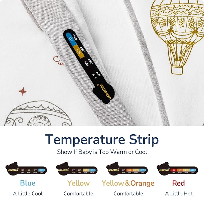 Baby Sleep Sack 3–6 Months, Cotton Sleep Sack with Detachable Long Sleeves, 1.0 TOG Wearable Blanket for Cooler Nights, 2-Way Zipper Toddler Sleeping Sack with Temperature Strip, Hot Air Balloon