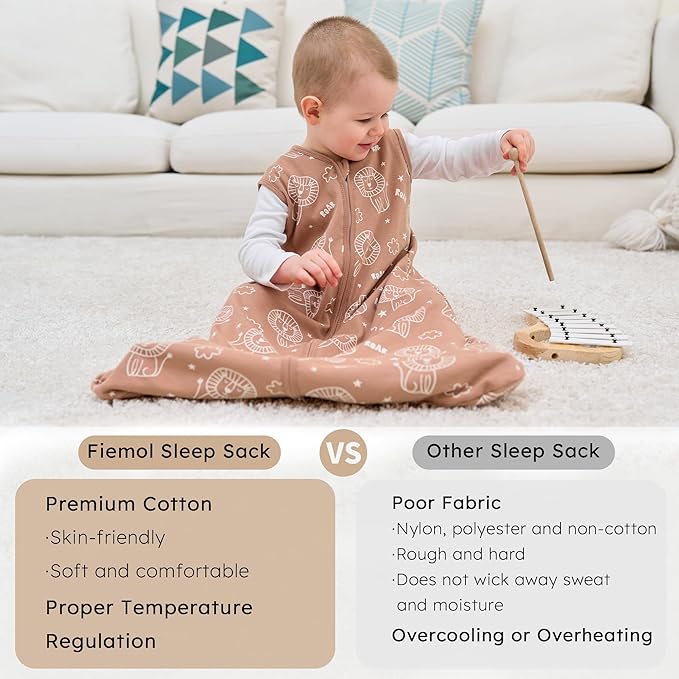 FIEMOL Baby Sleep Sack 18-24 months, 100% Cotton Sleeping Sack for Toddler, 3 Pack Baby Wearable Blanket, 0.5 Tog Lightweight Double Zipper Sleep Bag XLarge Brown Green Lion