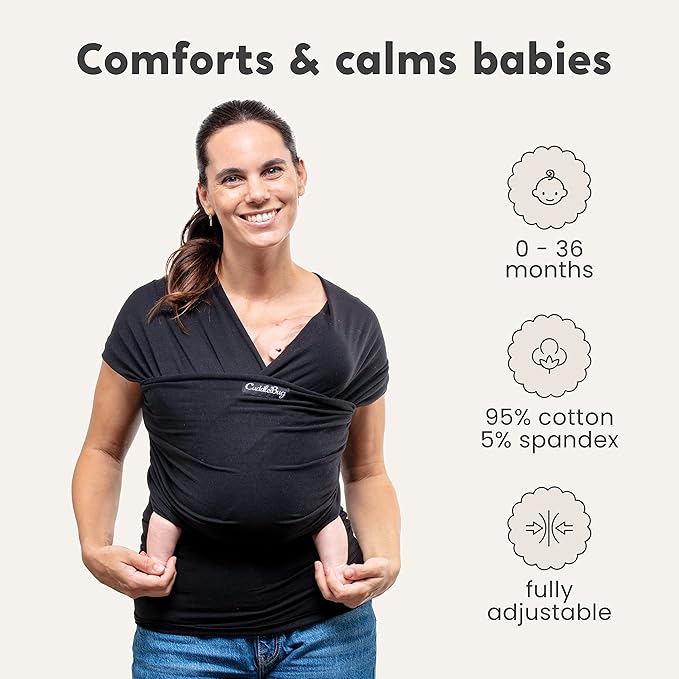 Cuddlebug Hands-Free Baby Carrier - Soft & Stretchy Wrap for Newborn to Toddler 7-35 lbs - One-Size-Fits-All Hip-Healthy Holder (Black)