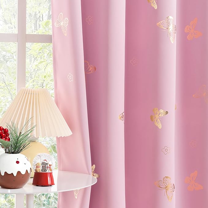 Jubilantex Gold Butterfly Print Blackout Curtains 95 Inches Long for Bedroom Kids Bedroom Nursery Floral Print Window Curtains with Black Layer,Grommet Top 2 Panels