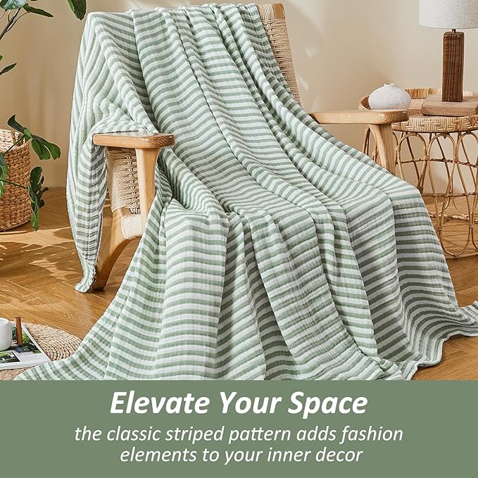 EMME Cotton Muslin Twin Blanket Breathable Gauze Soft Lightweight Adults Gifts for Women (Striped Sage Green, 60"x80")