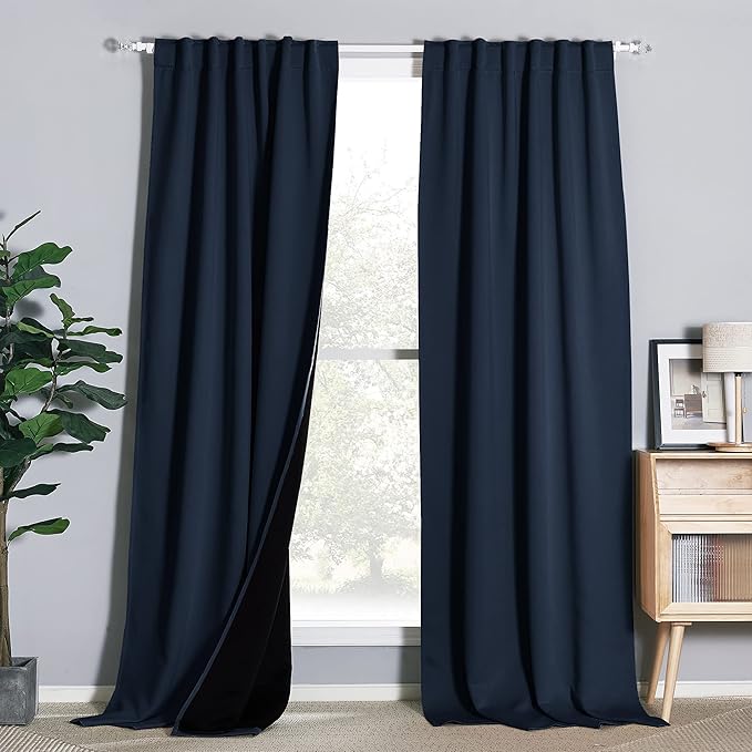 NICETOWN 100% Blackout Blinds, Rod Pocket and Back Tab Window Treatment Curtains, Thermal Insulated Energy Smart Drapes and Draperies for Villa, Hall and Studio, Navy, Set of 2, 52 inches x 108 inches