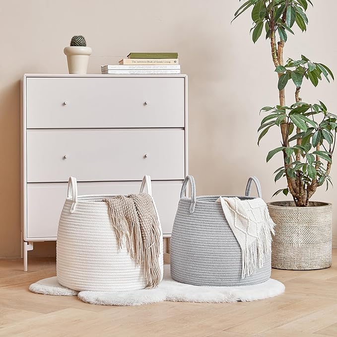 Nursery Laundry Basket | Kids Hamper for Blankets, Pillows,Toys (15"x 13")| Baby Toy Basket | Nursery Storage for Boho Room Decor | Ideal Gift for Baby Showers| White