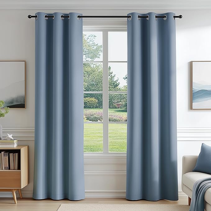 FMFUNCTEX 100% Blackout Curtains for Bedroom, Slate Blue Curtains 63 Inches Long Textured Thermal Insulated Curtains for Living Room, Black Out Drapery Grommet Room Darkening 2 Panels, 40" W x 84" L