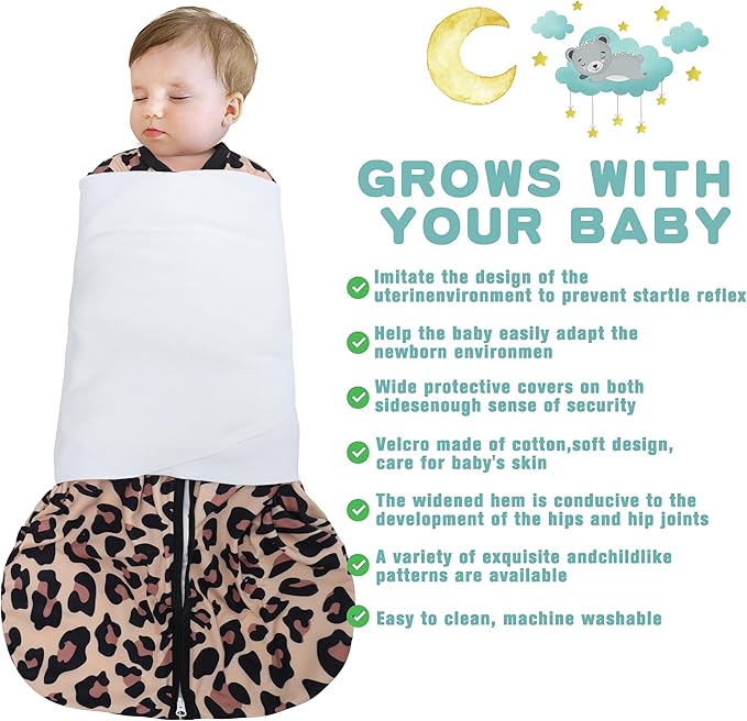 BSTOPPT Newborn Sleep Sack Baby Swaddle,3-Way Adjustable Wearable Blanket,100% Rayon Cotton Swaddling Sleeping Bag，TOG 0.5 (Leopard & Cobble, 6-12 Months)