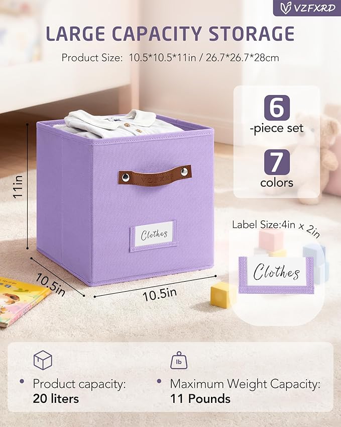 10.5 Inch Storage Cubes with Labels, 6-Pack Non-Woven Fabric Bins with Handles, Foldable Organizer for Closet, Shelf, Bedroom, Nursery & Home Organization (Purple)