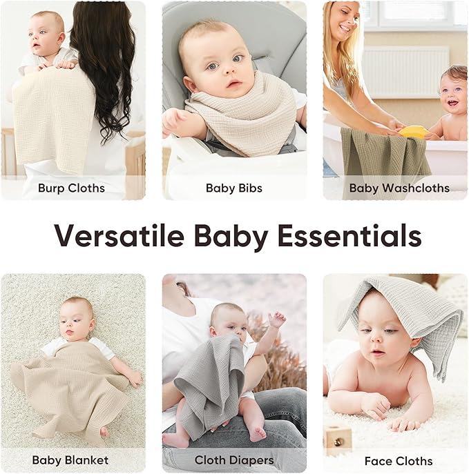 Bearmoss 100% Cotton Muslin Burp Cloths, 6 Pack Absorbent Large Baby Burping Cloths for Boy, Girl, 23.6" X 23.6" Newborn Essentials (Gray Green)