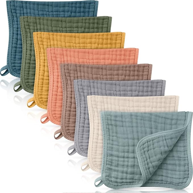 Remagr 8 Packs Muslin Burp Cloths Large 20" x 10", 6 Layers Unisex Baby Absorbent 100% Cotton Burp Rags Colorful Muslin Washcloths for Baby Plain Soft Cotton Cloth for Babies Girls Boys(Rich Colors)